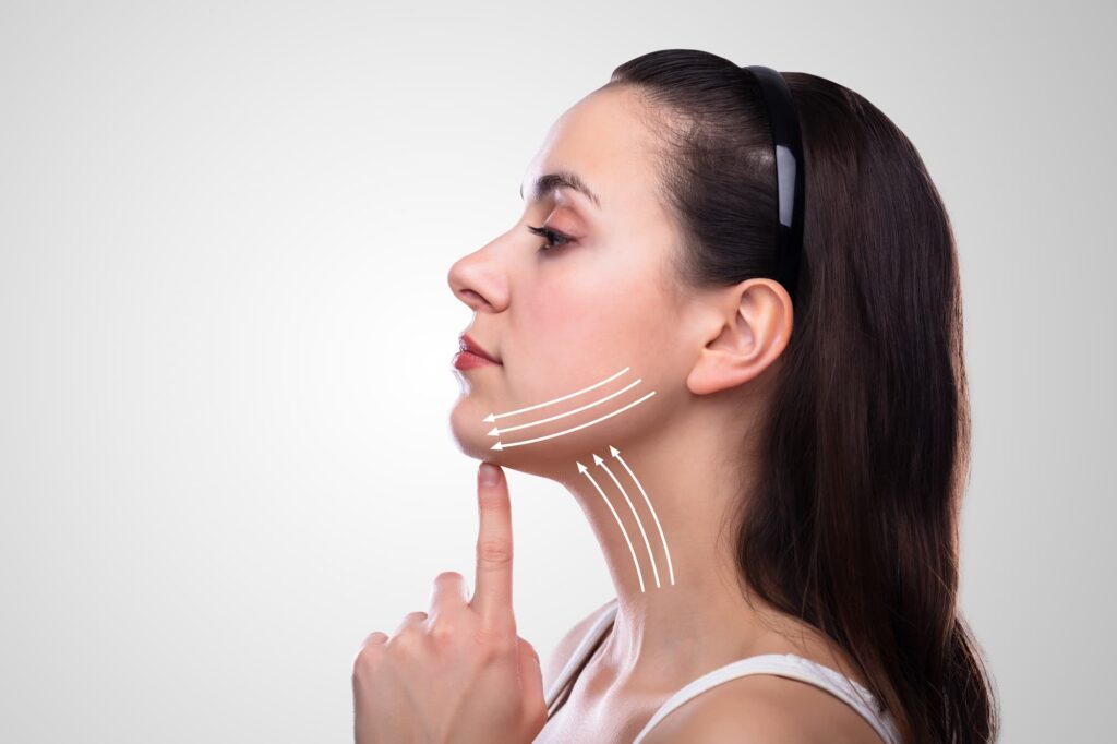 A beautiful lady thinking about the neck fat removal surgery cost